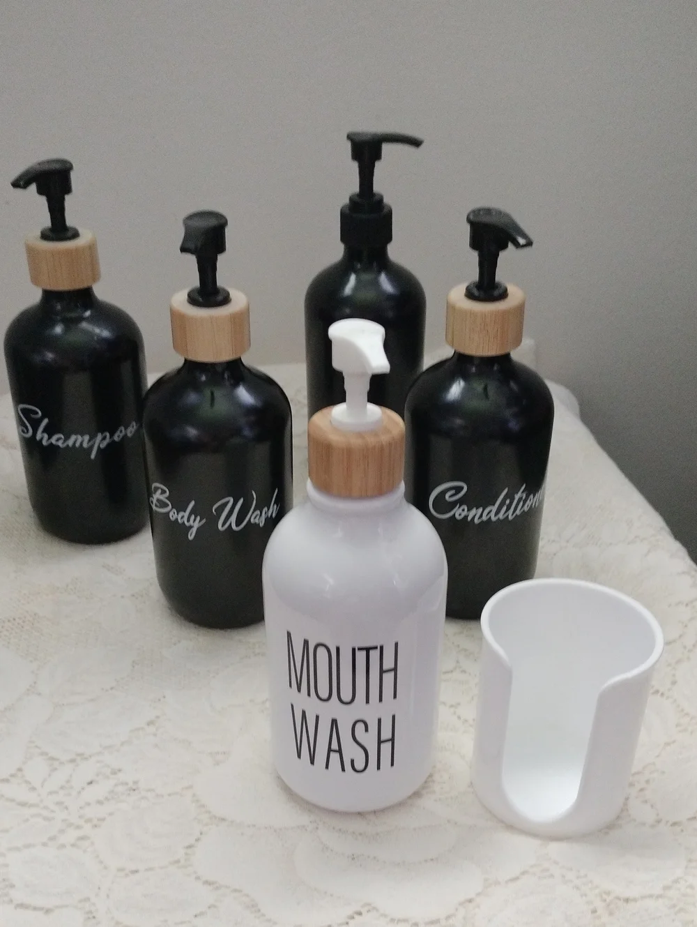 White Mouth Wash Dispenser / Black Plastic Bamboo Look Bath Bottles In Plastic
